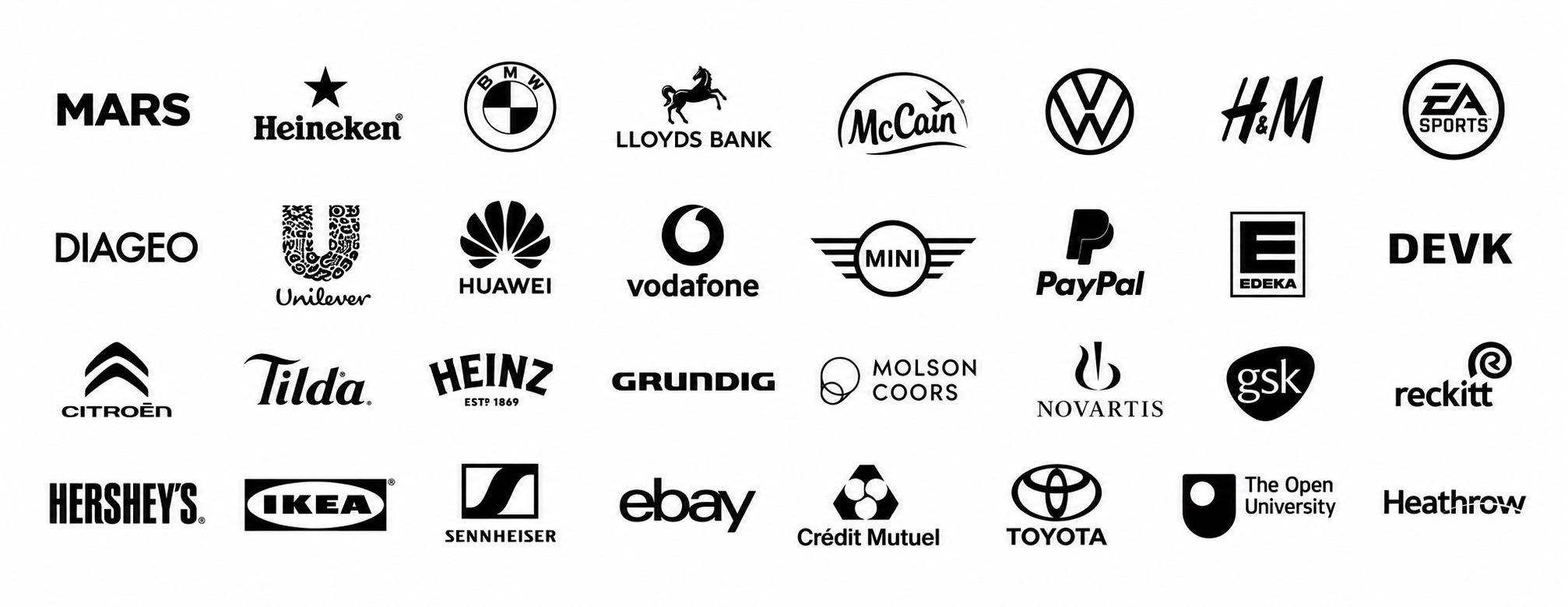 Selected brands including Mars, Heineken, BMW, Lloyds Bank, McCain, Volkswagen, H&M, EA Sports, Diageo, Unilever, Huawei, Vodafone, MINI, PayPal, EDEKA, DEVK, Citroën, Tilda, Heinz, Grundig, Molson Coors, Novartis, GSK, Reckitt, Hershey’s, IKEA, Sennheiser, eBay, Crédit Mutuel, Toyota, The Open University and Heathrow